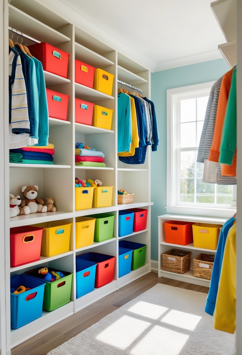 A children's closet with colorful storage bins and neatly hung clothes organized for easy sorting.