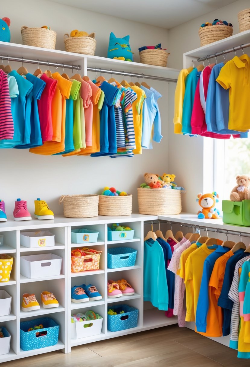 A children's closet with low hanging rods holding colorful clothes, shelves with bins, and shoes arranged neatly at child height.