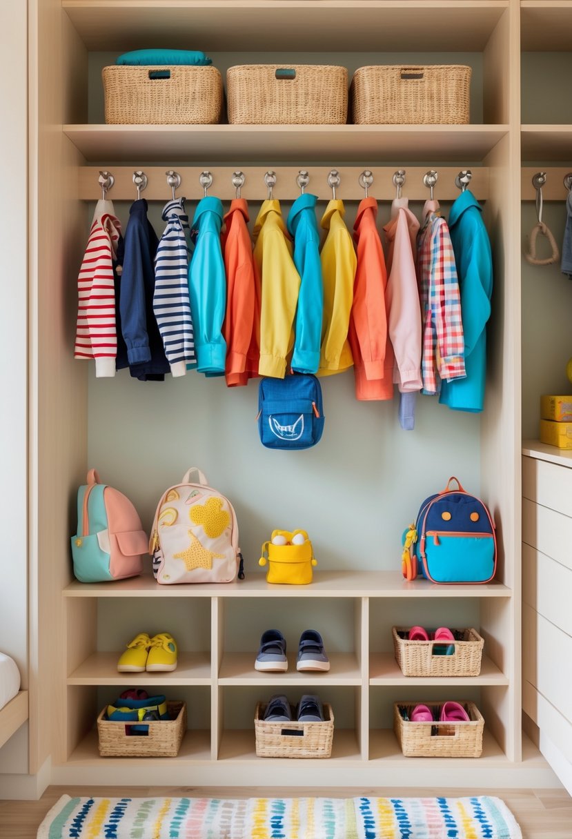 A children's closet with wall-mounted hooks holding clothes, backpacks, and hats, with shelves and baskets below for additional storage.