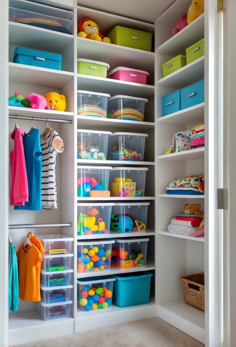A kids' closet with clear plastic storage boxes filled with toys and clothes neatly arranged on white shelves.