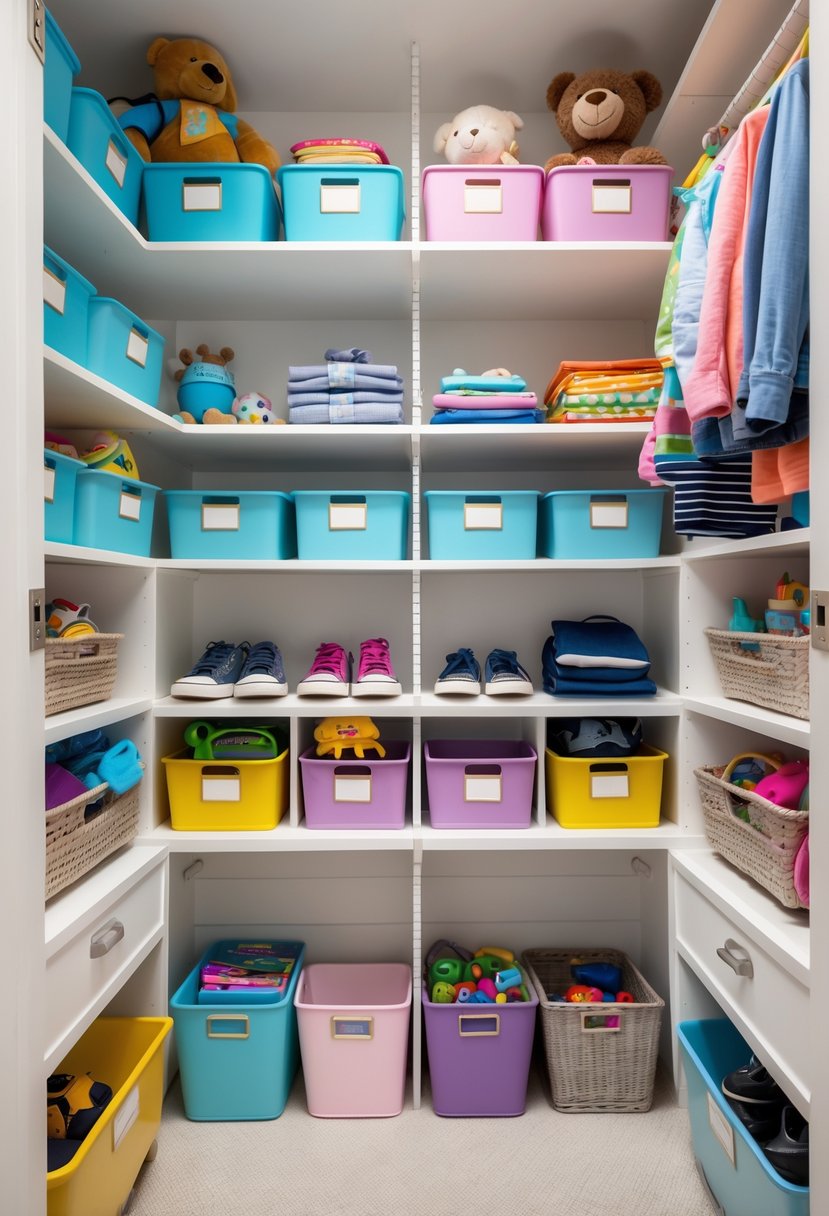 A children's closet with neatly organized bins and drawers storing clothes, toys, and accessories.