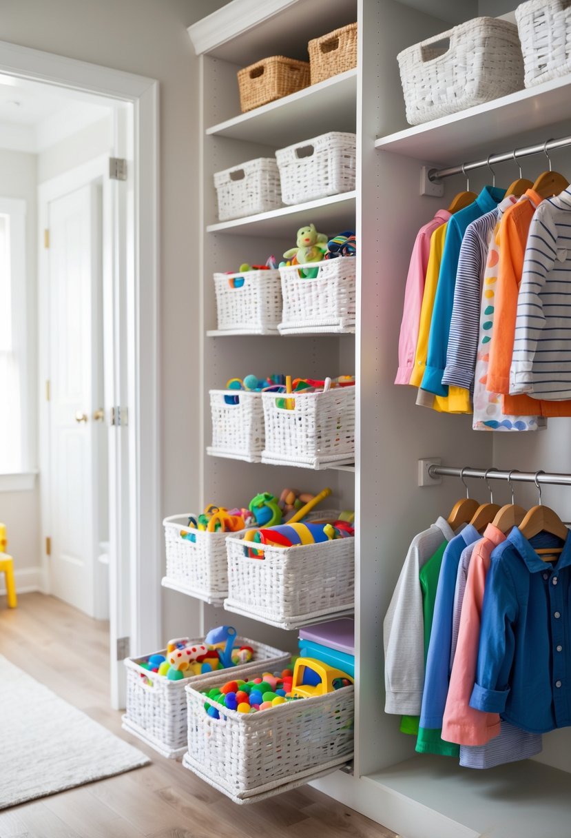 A kids' closet with pull-out baskets filled with small toys and accessories, surrounded by neatly hung children's clothes.