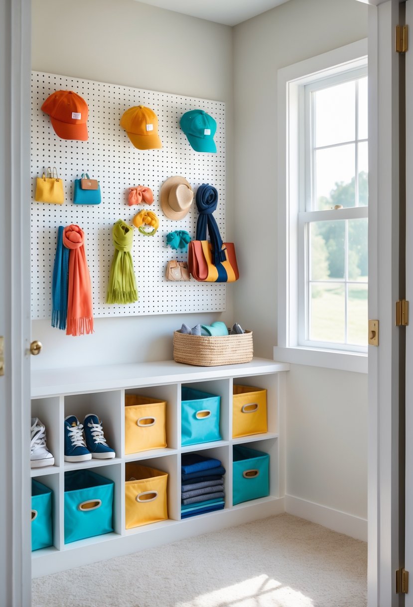 A kids' closet with a pegboard organizing hats and accessories, shelves with folded clothes and storage bins.