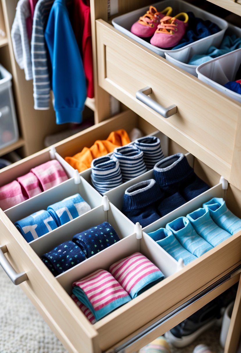 Open kids' closet drawer with socks and underwear separated by drawer dividers.