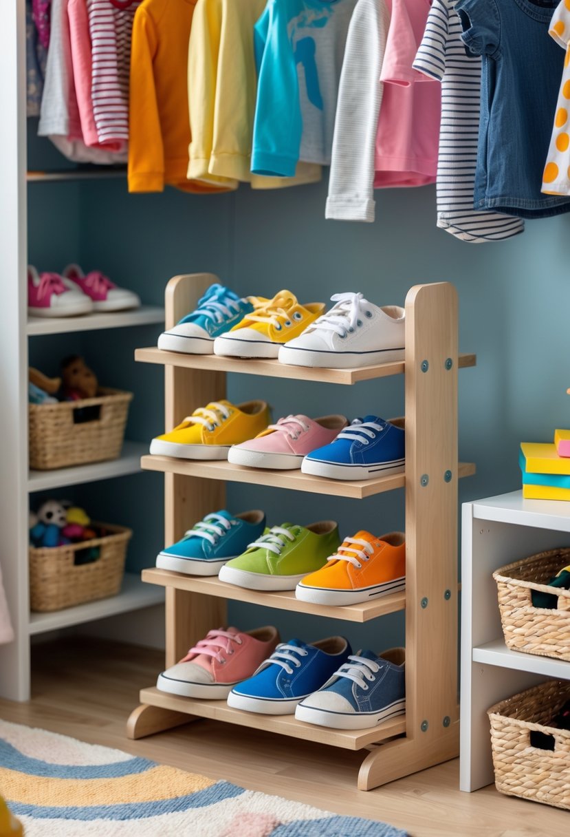 A child's closet with a low shoe rack holding colorful children's shoes and organized storage shelves around it.