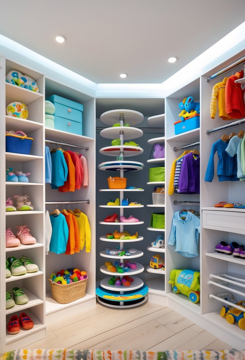 A children's closet with rotating organizers holding clothes, shoes, and toys neatly arranged.