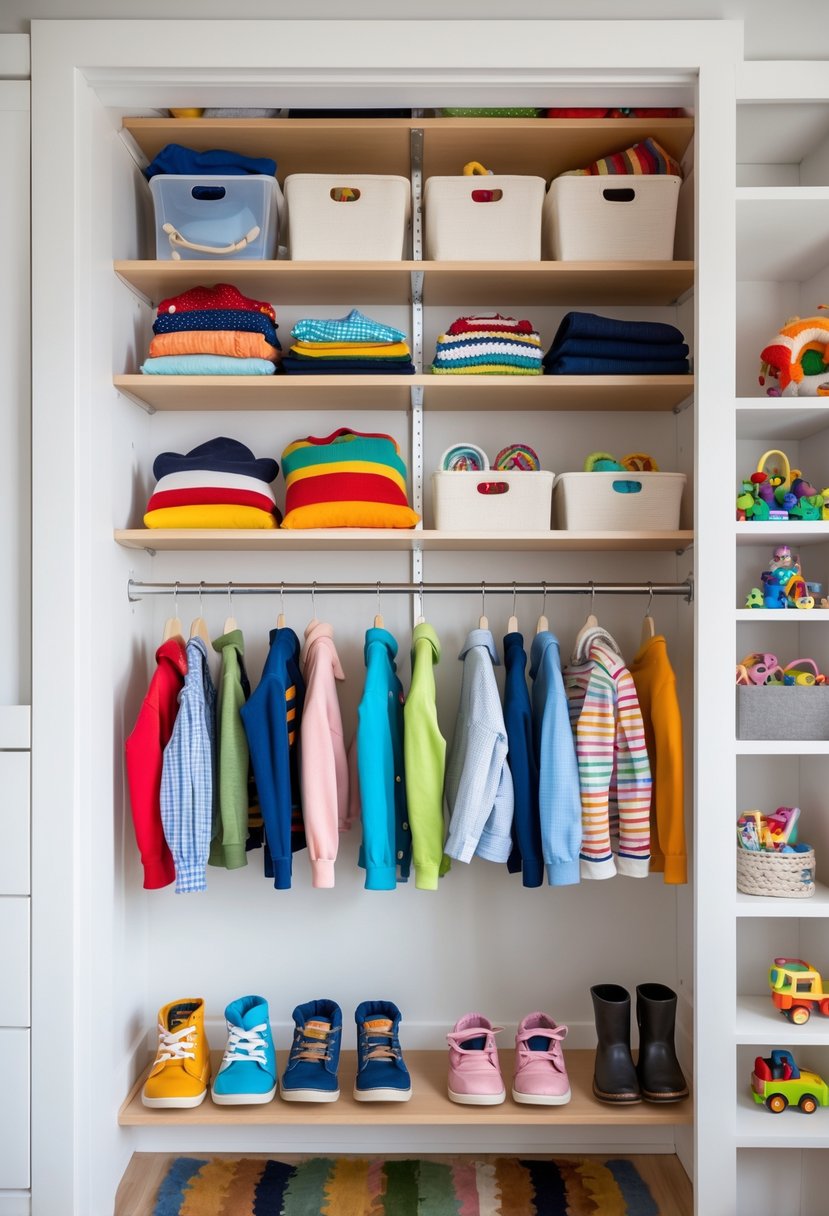 A children's closet with shelves above hanging rods storing seasonal items and colorful clothes neatly arranged below.