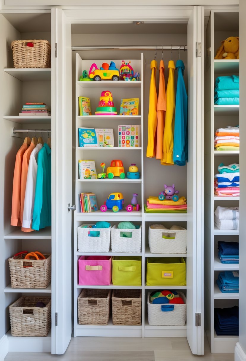 A children's closet with an over-the-door organizer holding toys and storage bins, neatly arranged clothes, and shelves with baskets.