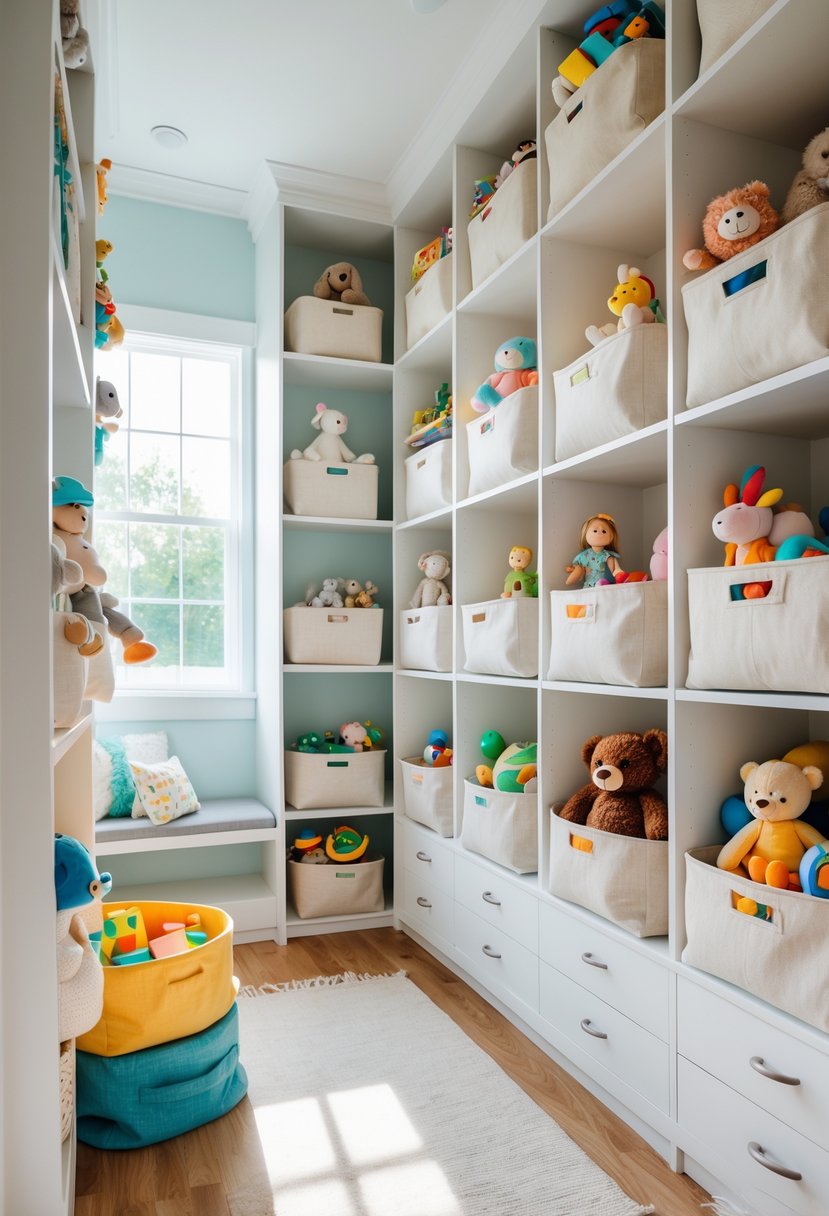 A children's closet with fabric bins on shelves holding lightweight toys, neatly organized and well-lit.