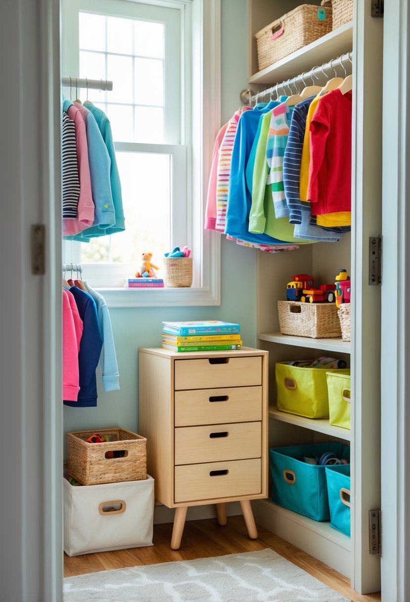 A kids' closet with a small dresser inside for folded clothes, colorful hanging clothes, shelves with toys and books, and storage bins on the floor.