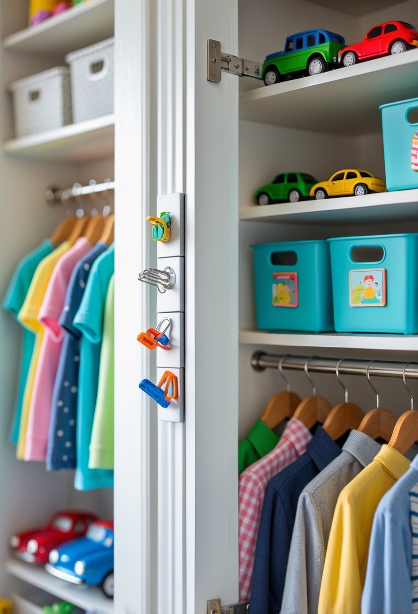 A kids' closet with a magnetic strip holding small metal items on the inside of the door, surrounded by children's clothes and storage bins.