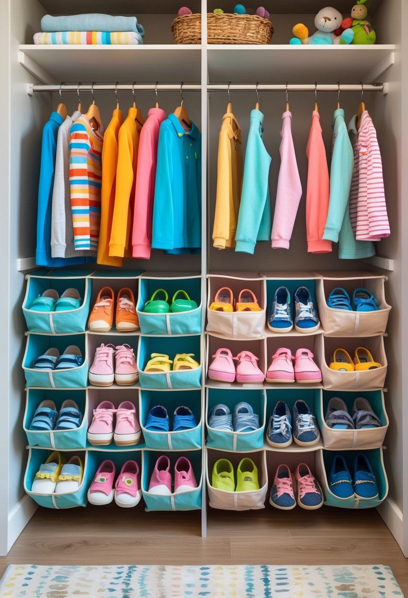 A children's closet with hanging organizers holding shoes and toys, neatly arranged with clothes on hangers.