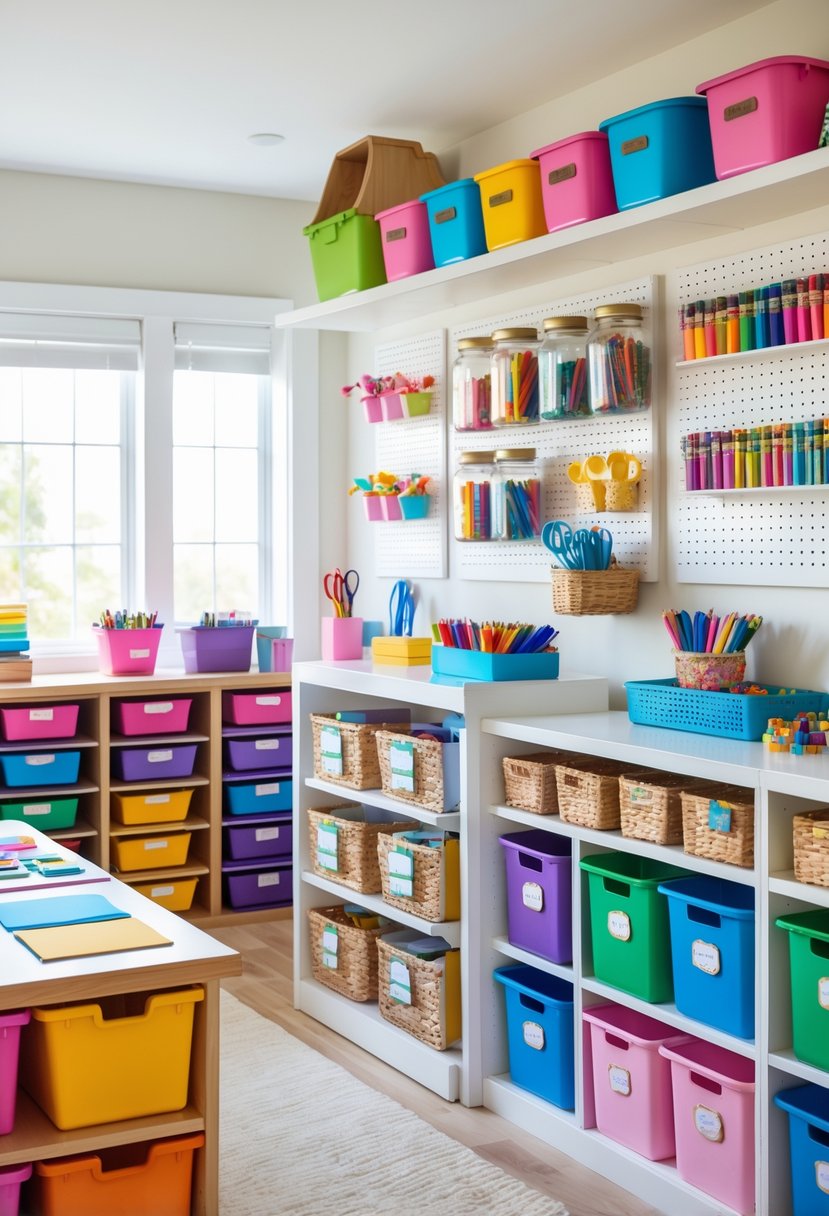 A well-organized craft room with various storage containers and shelves holding kids' art supplies.