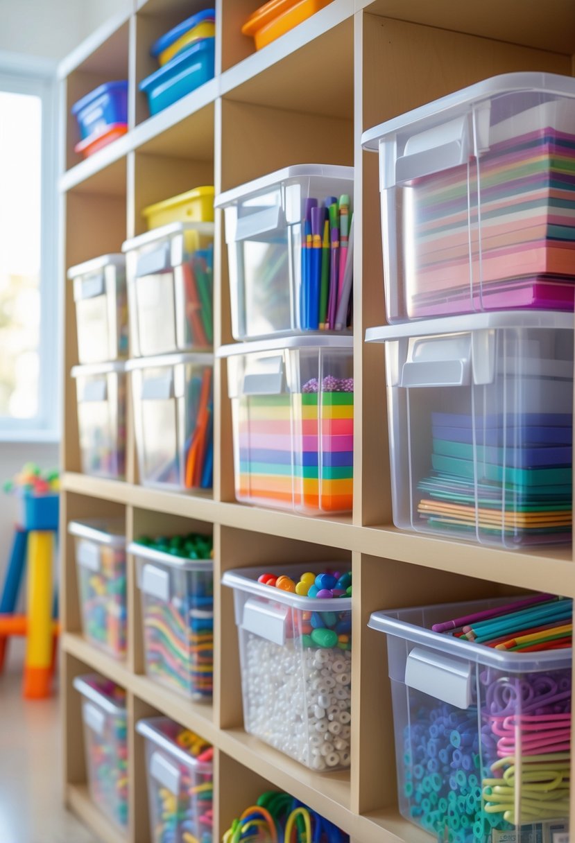 A tidy craft storage area with clear plastic bins holding various children's craft supplies on wooden shelves.