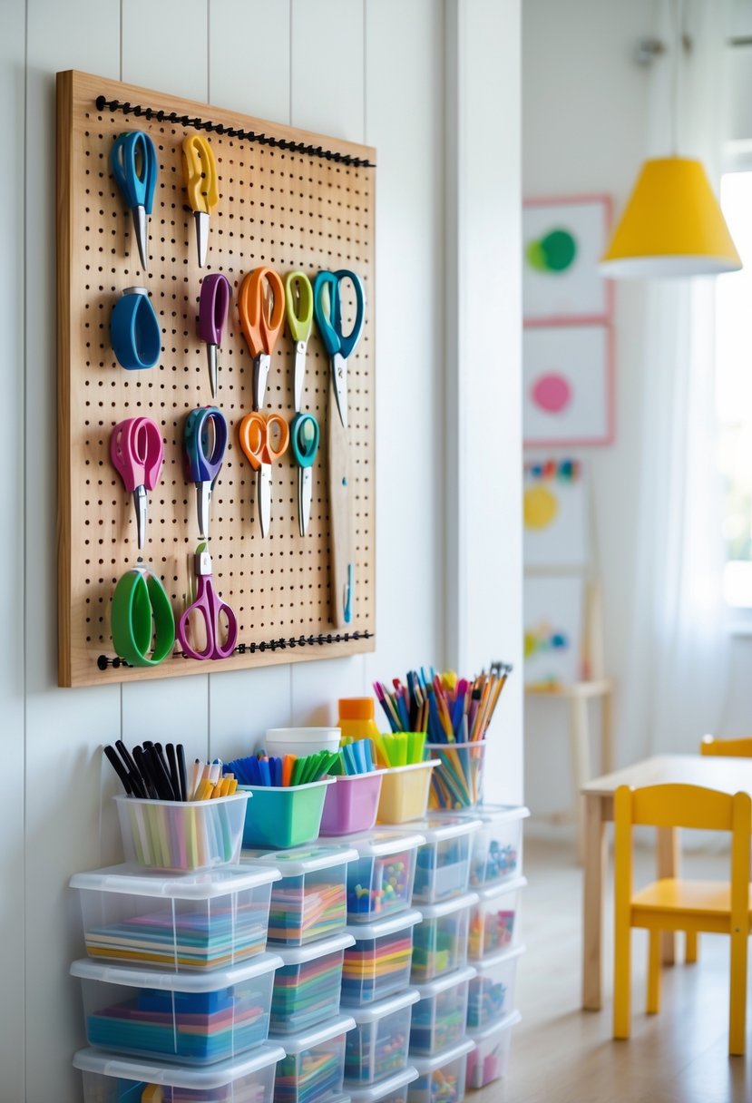 A wall-mounted pegboard holding scissors and paintbrushes above organized craft storage bins in a bright children's craft room.