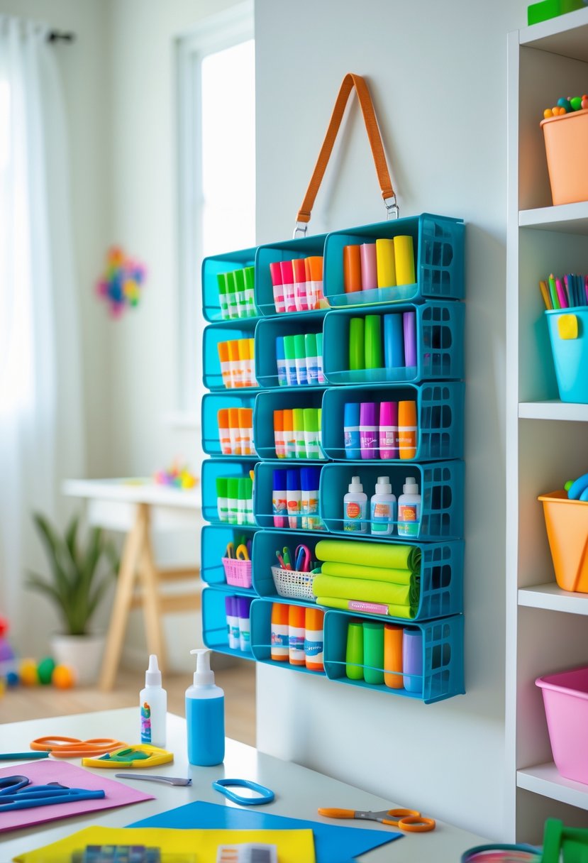 A shoe organizer repurposed to store markers and glue sticks in a tidy craft room with various craft supplies on a table.
