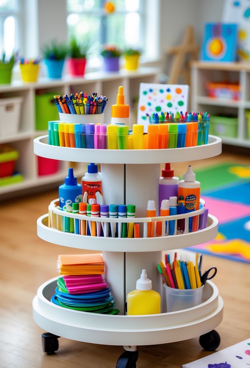 A rotating art cart with tiered shelves filled with colorful kids' craft supplies in a bright children's playroom.