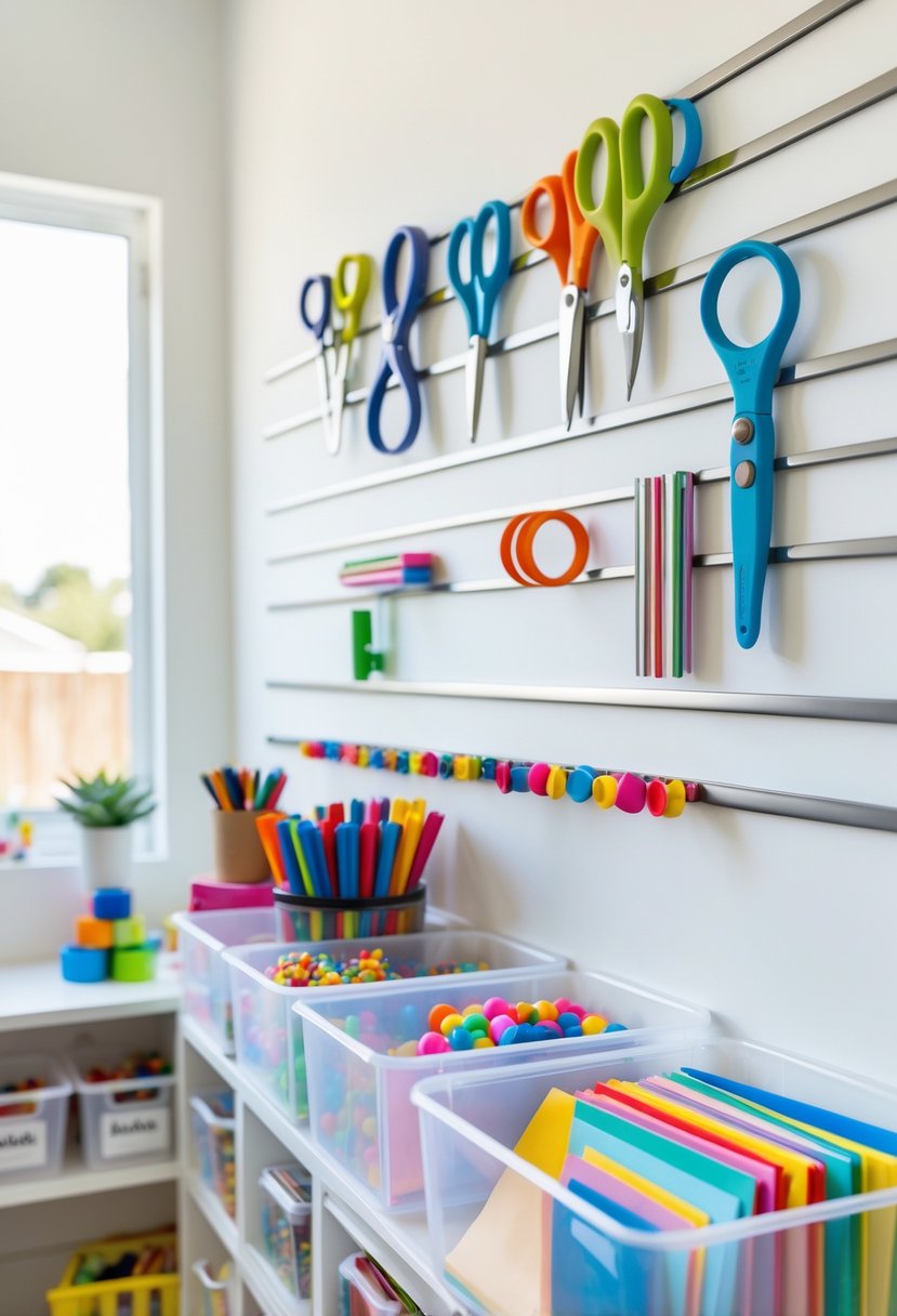 A kids' craft room with magnetic strips on the wall holding metal scissors and other tools, with craft supplies stored in bins below.