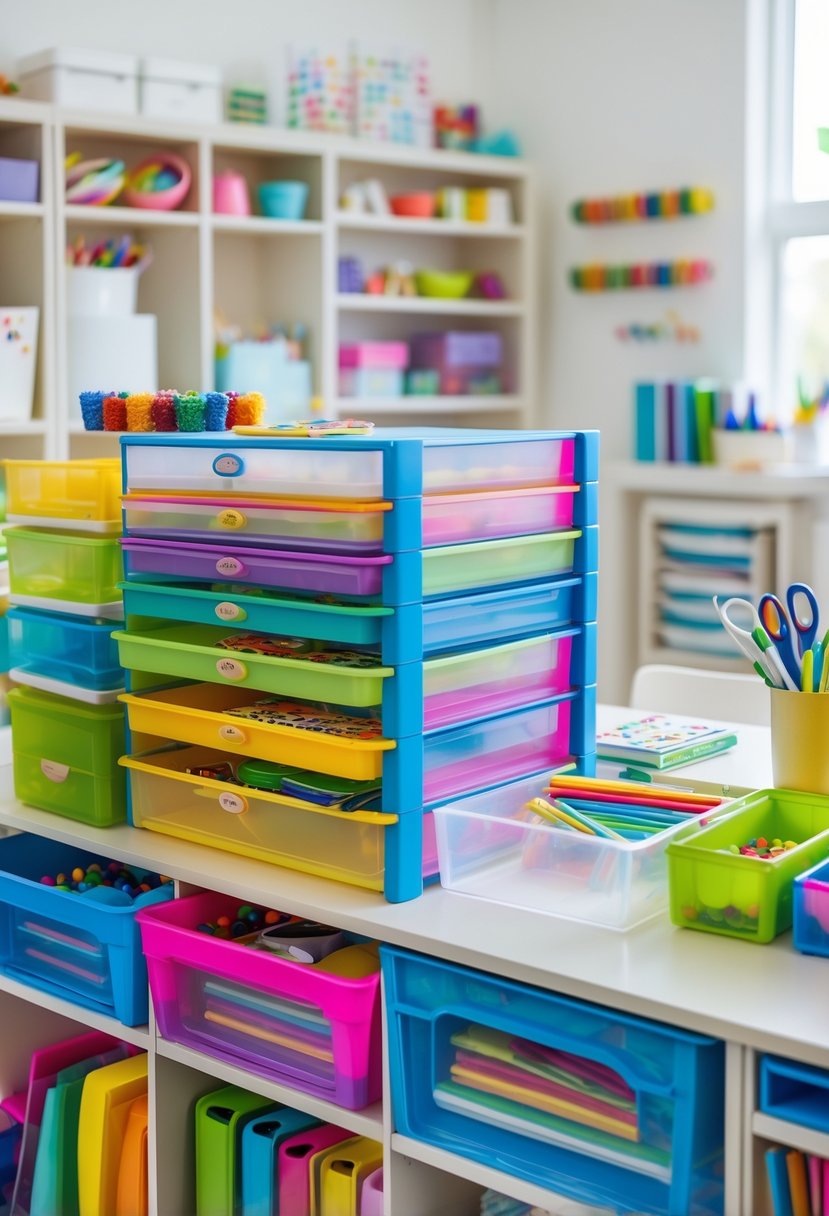A bright, organized craft room with stackable drawer units filled with kids' craft supplies like paper, markers, and beads.