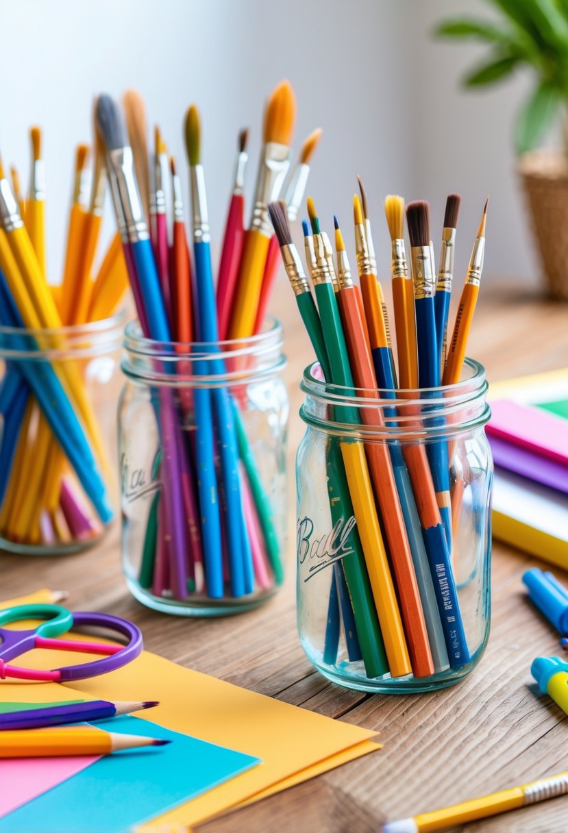 A craft workspace with mason jars holding paintbrushes and pencils on a wooden table surrounded by various kids' craft supplies.