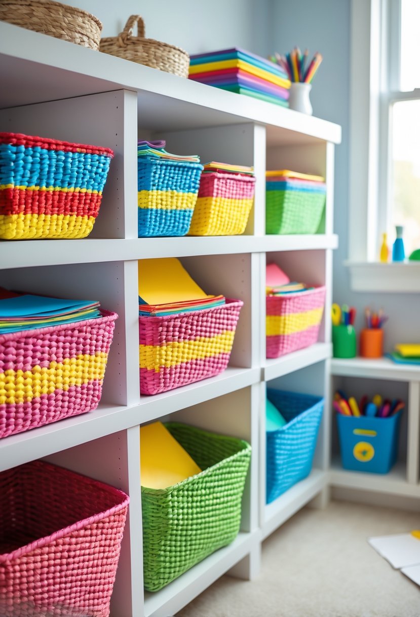 Colorful baskets on shelves holding craft paper sorted by size in a bright and tidy kids' craft storage area.