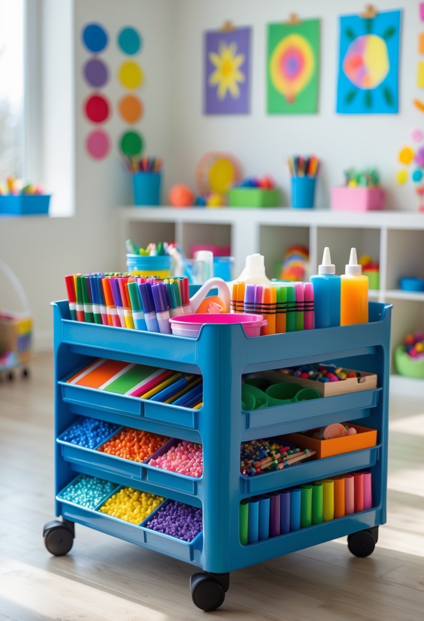 A rolling caddy with compartments filled with various kids' craft supplies in a bright and tidy craft room.