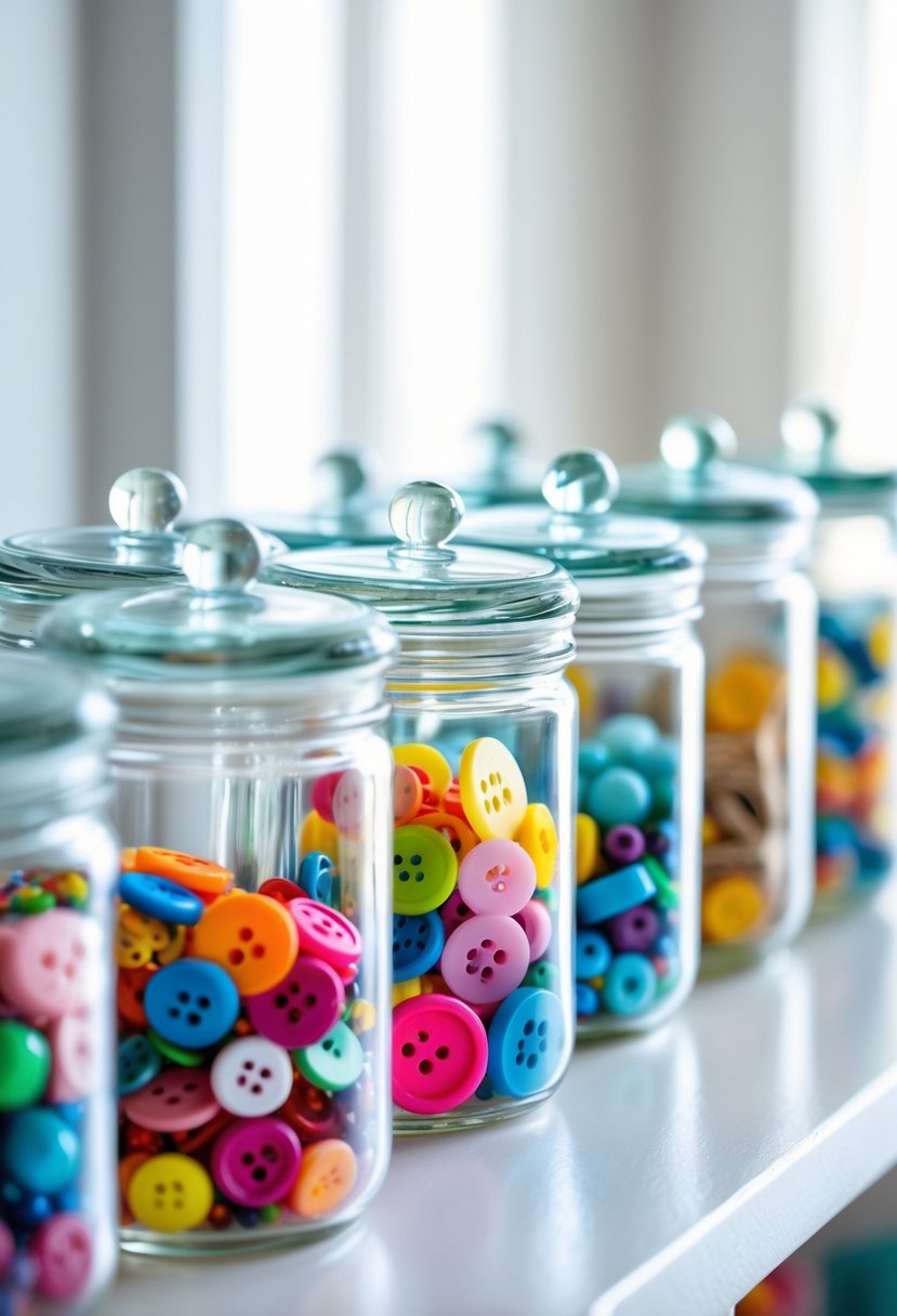 Clear glass jars with screw-on lids filled with colorful beads and buttons arranged neatly on a white surface.