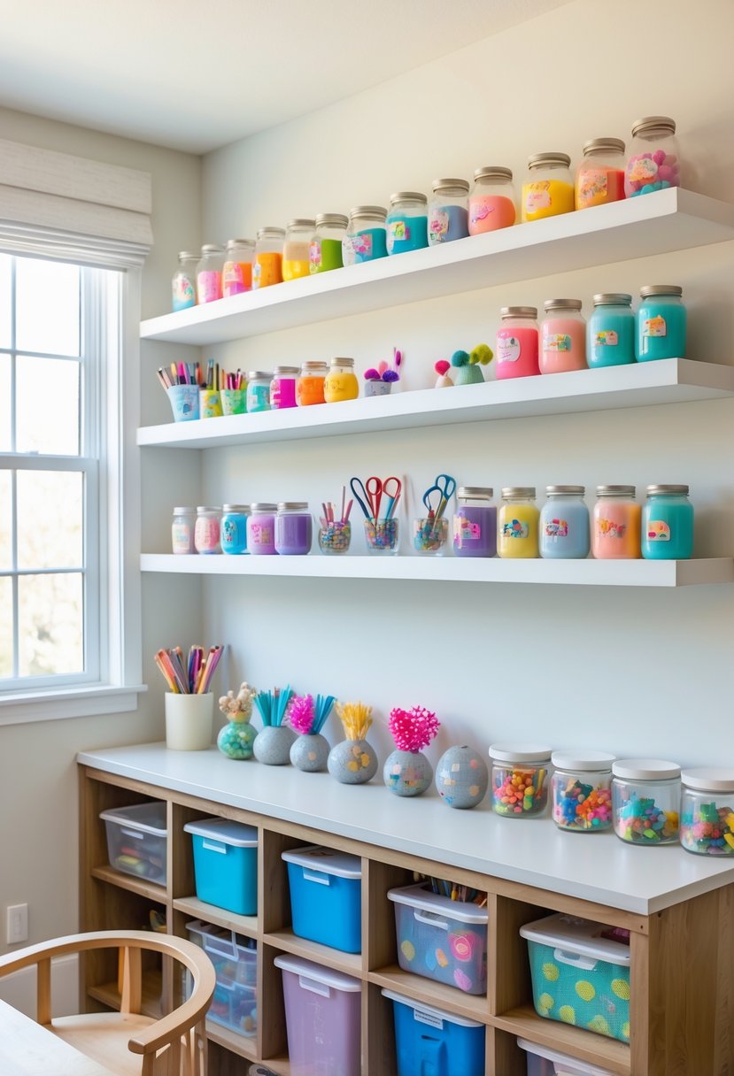 A craft room with floating shelves displaying kids' craft supplies and finished projects above a wooden table with storage bins.