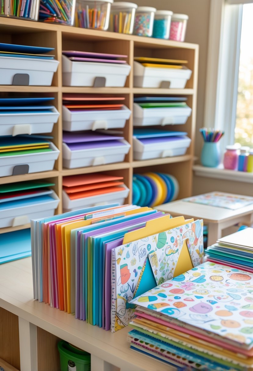 A neatly organized craft room with file organizers holding coloring books and scrapbooking paper, surrounded by various kids' craft supplies.