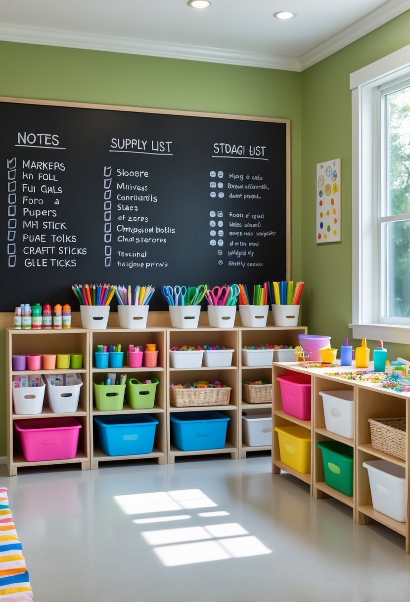 A kids' craft storage area with shelves and containers filled with colorful art supplies in front of a large blank chalkboard wall.