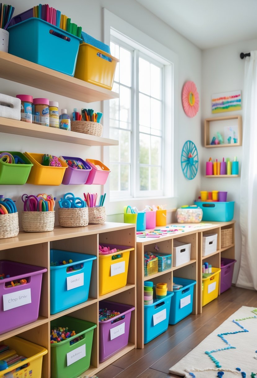 A well-organized children's craft room with colorful storage bins and shelves filled with various craft supplies, arranged neatly for easy access by kids.