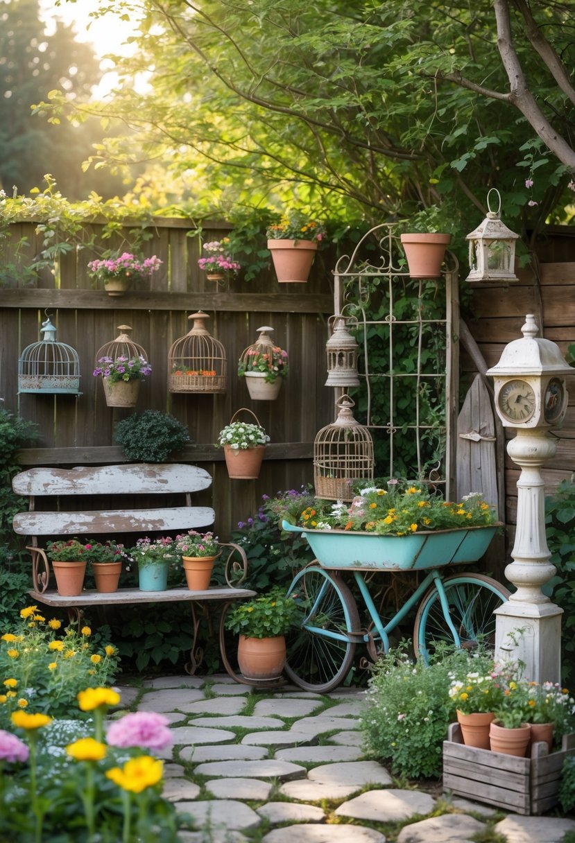 A garden scene displaying various vintage garden decorations including wooden benches, terracotta pots with flowers, birdcages with plants, lanterns, a sundial, a bicycle with flowers, a wheelbarrow planter, garden gnomes, and a stone birdbath among greenery.