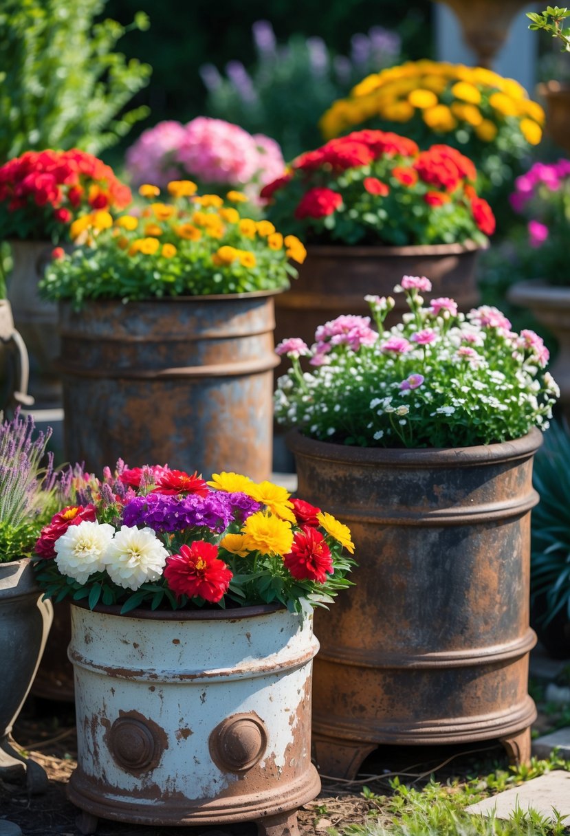 Weathered iron planters filled with colorful flowers arranged outdoors in a garden.