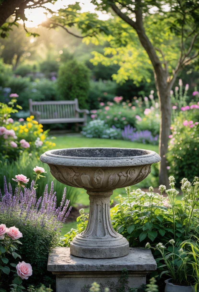 An antique stone birdbath surrounded by flowers and greenery in a garden with a wooden bench in the background.