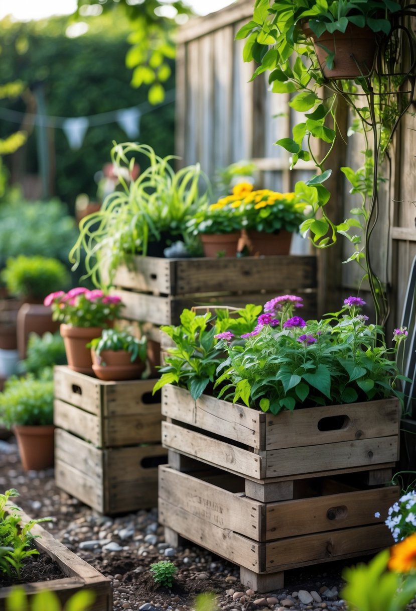 Repurposed wooden crates used as plant stands holding green plants and flowers in a garden setting.