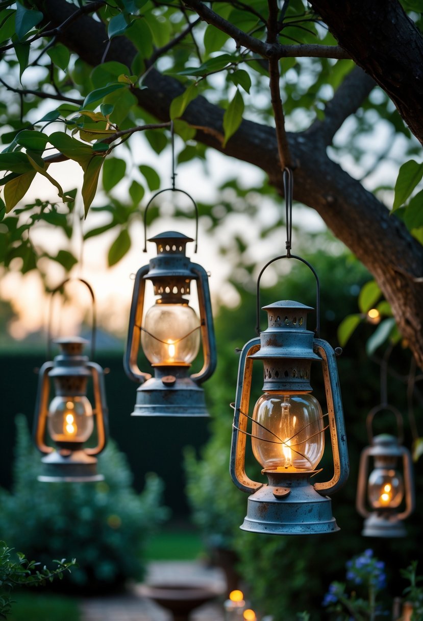 Rustic lanterns hanging from tree branches in a garden at dusk.