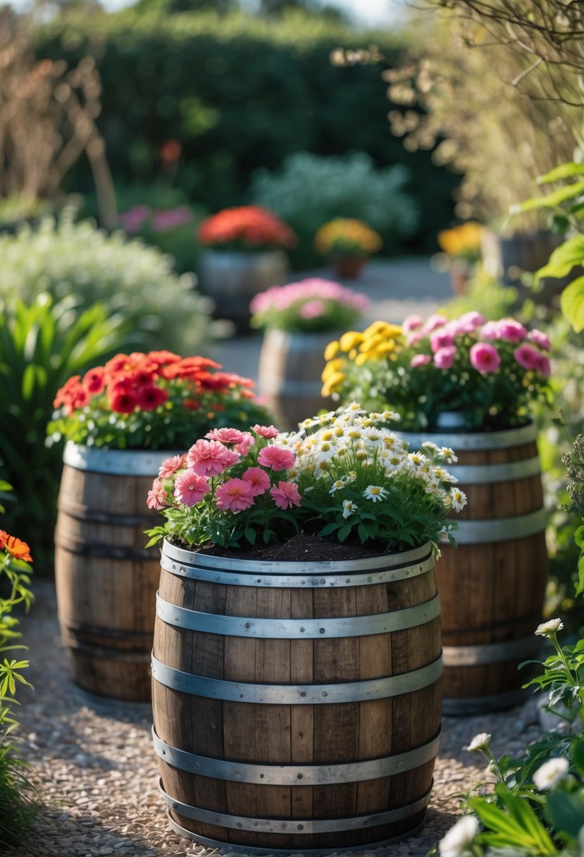 Old wooden barrels used as flower pots filled with colorful flowers in a garden.