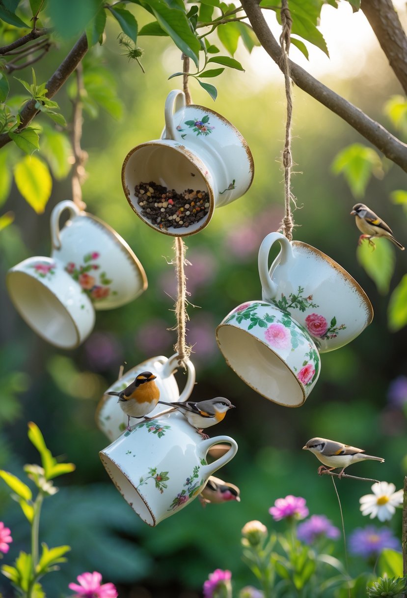 Chipped vintage teacups hanging in a garden, repurposed as bird feeders with small birds perched on them.