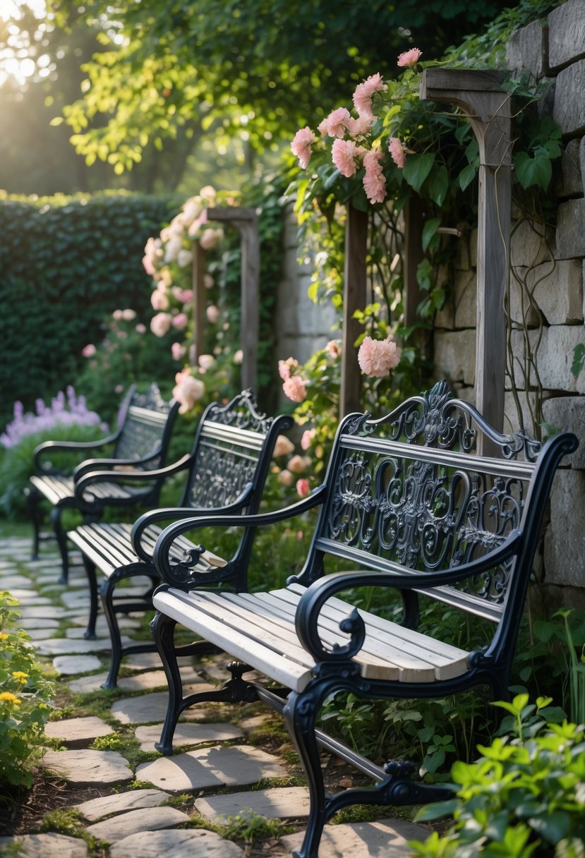 A garden with vintage wrought iron benches surrounded by flowers, greenery, and a stone wall.