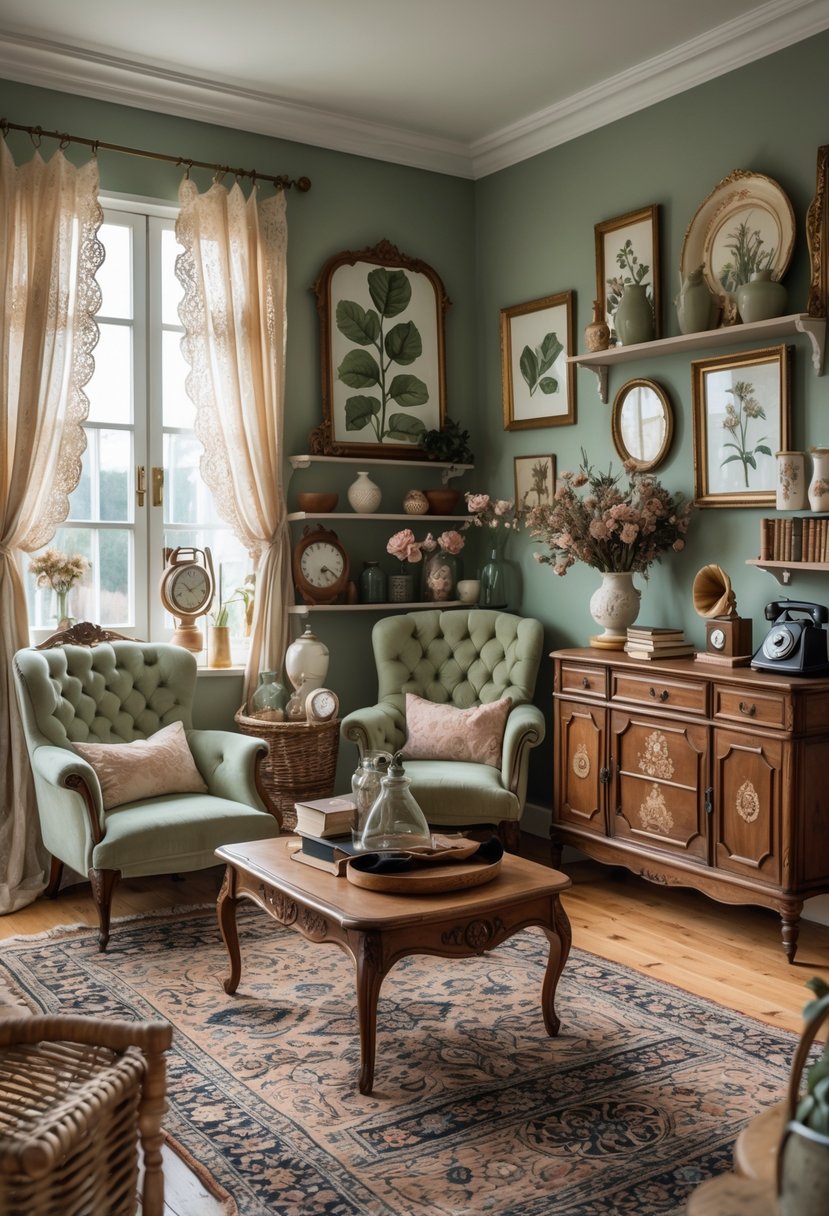 A cozy living room filled with various vintage furniture and decor items including wooden tables, armchairs, framed prints, shelves with ceramics and books, and soft natural light coming through the windows.