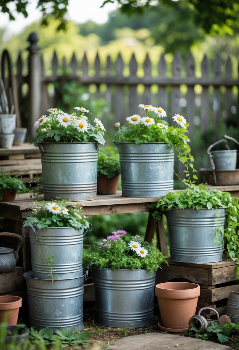 Galvanized metal buckets filled with colorful plants arranged outdoors in a garden setting.