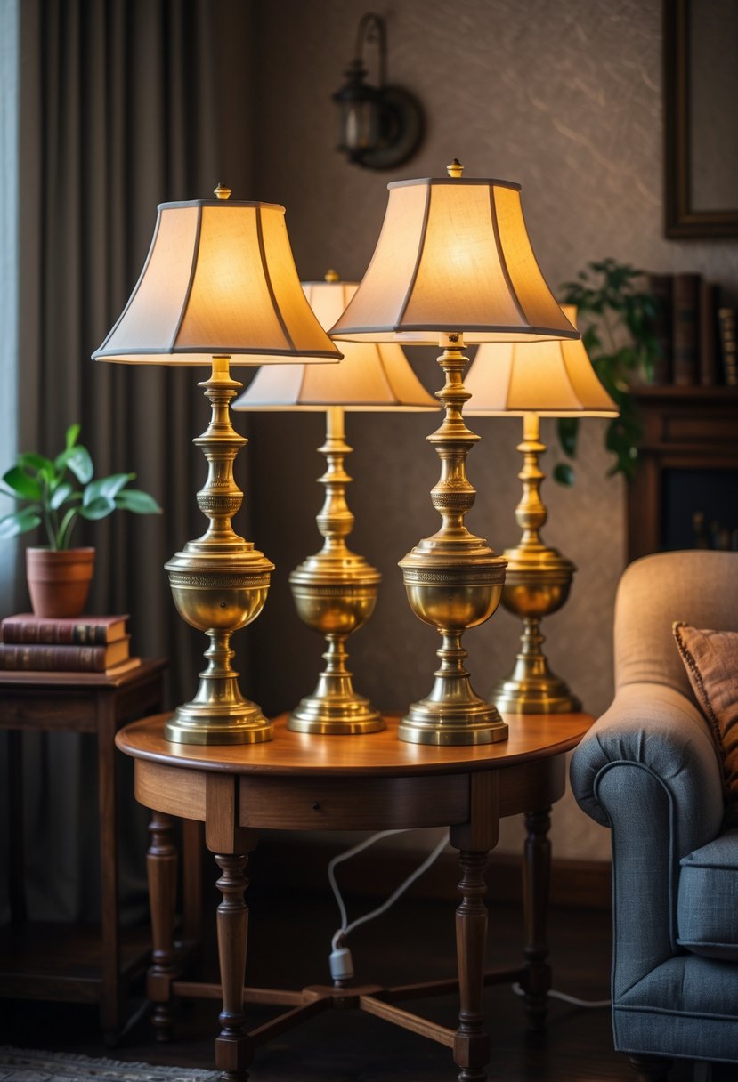 A group of vintage brass table lamps on a wooden table surrounded by home decor items in a warm, inviting room.