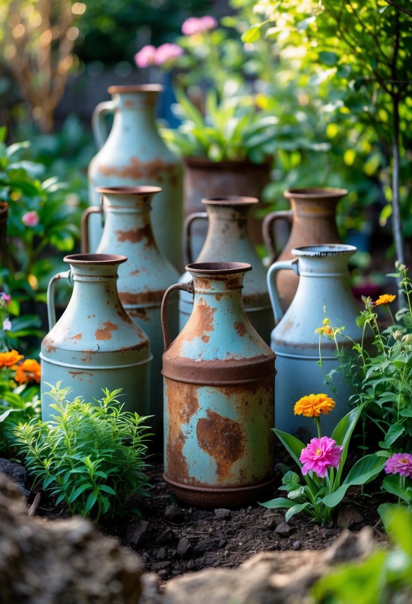 Rusty vintage milk jugs arranged among green plants and colorful flowers in a garden.