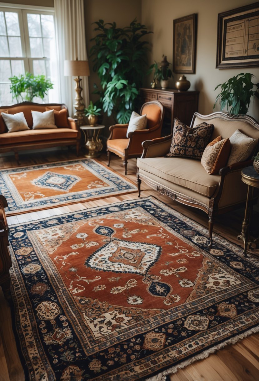A living room with patterned Persian rugs layered on a hardwood floor, surrounded by vintage furniture and decorative items.