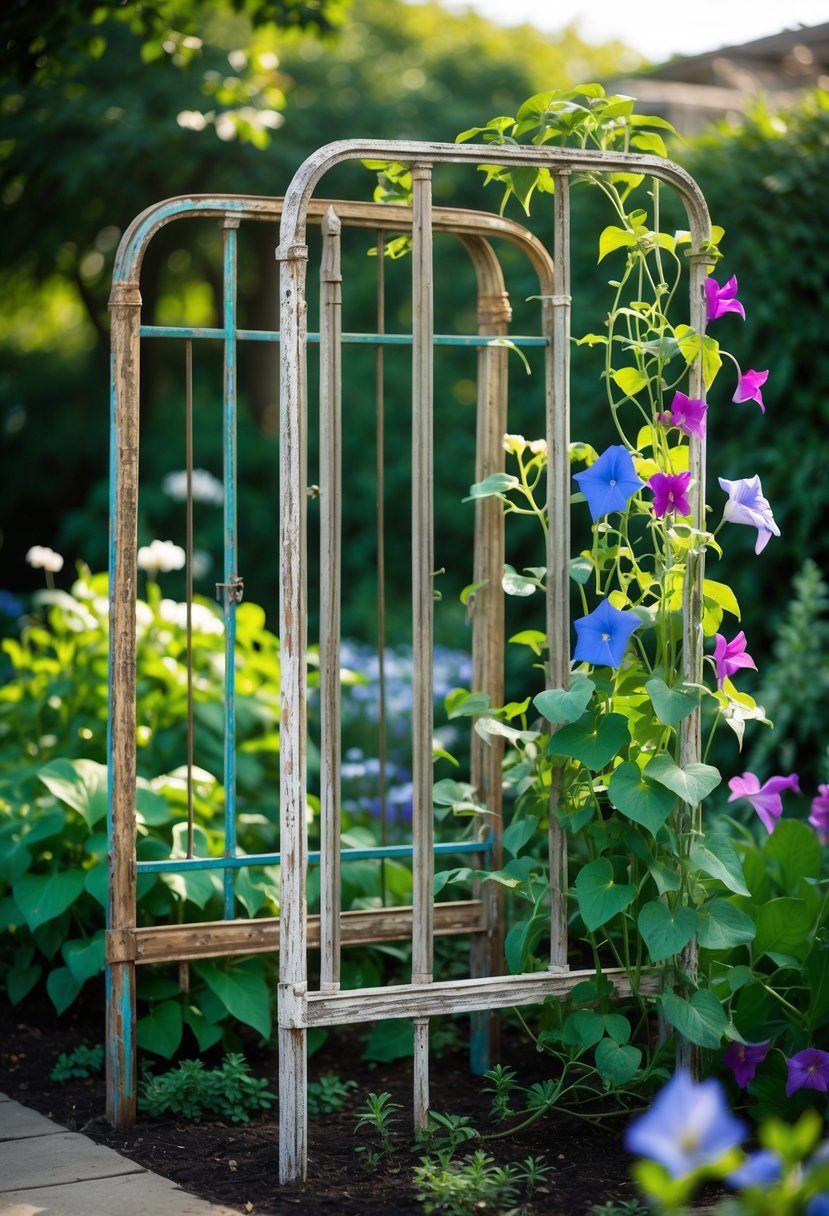 A garden with old bed frames used as trellises supporting climbing plants and flowers.