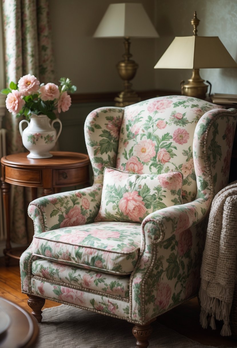 Cozy living room corner with a floral upholstered armchair, wooden side table with a vase of flowers, and a lamp.