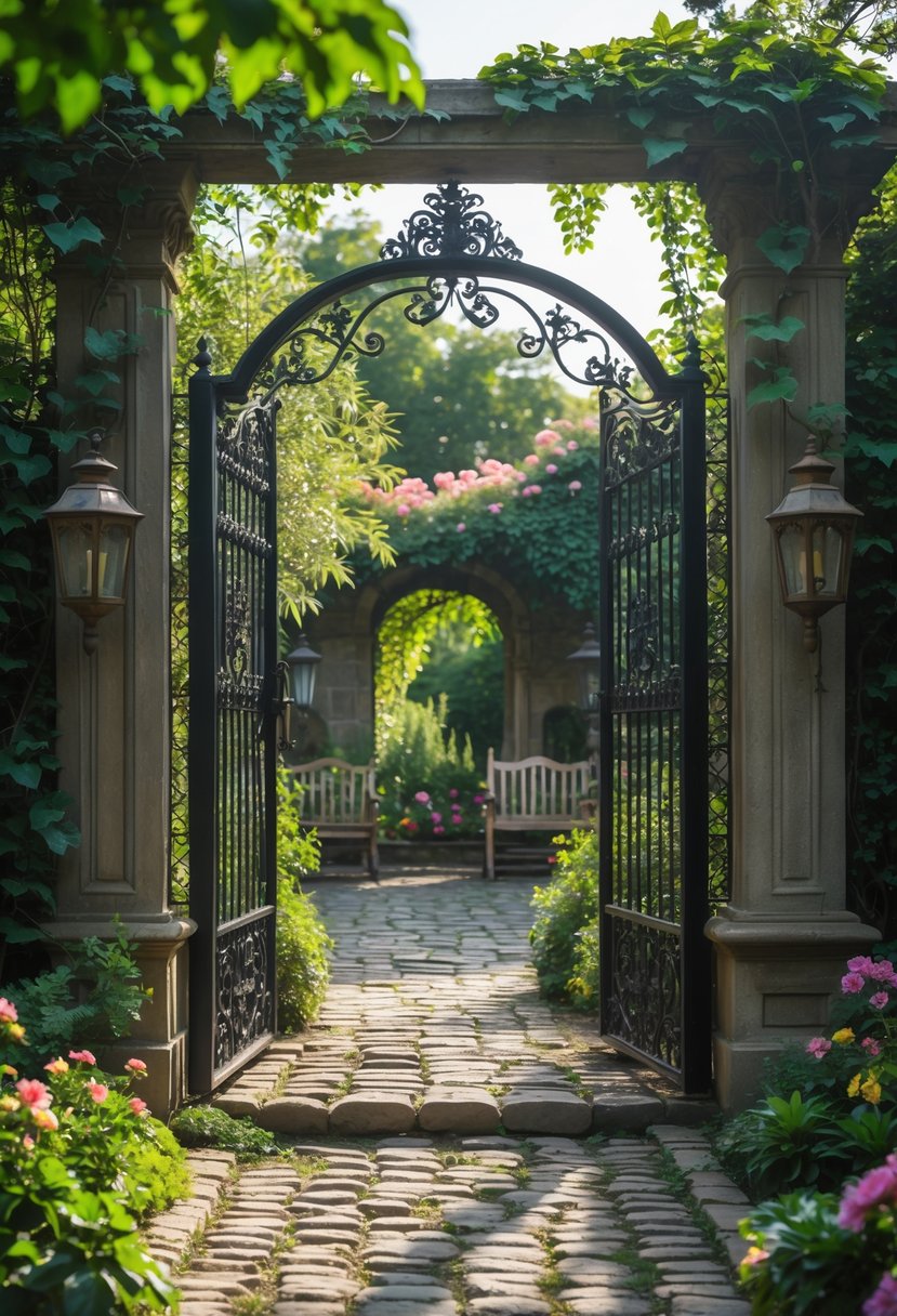 Decorative wrought iron gates at the entrance to a garden with stone pillars, surrounded by plants and flowers.