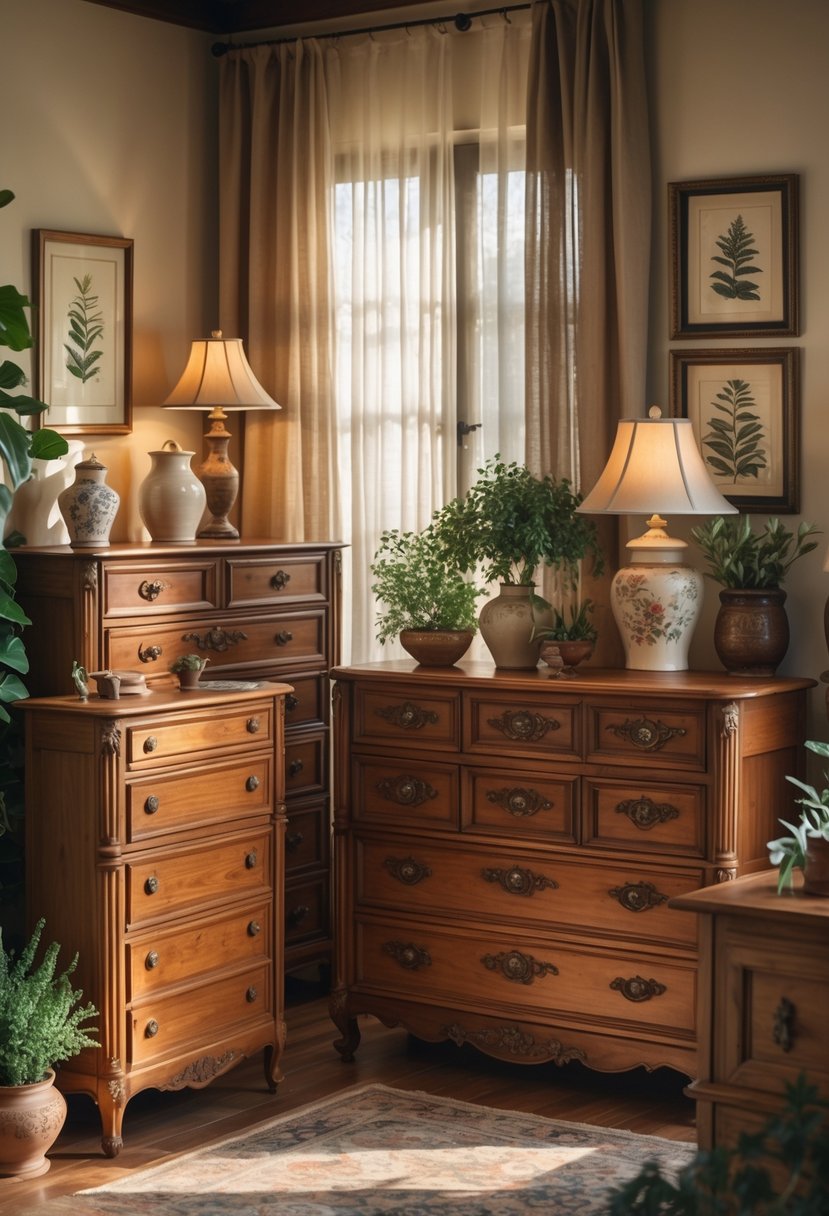 A room with several antique wooden dressers decorated with vintage home decor items like lamps, vases, and plants.