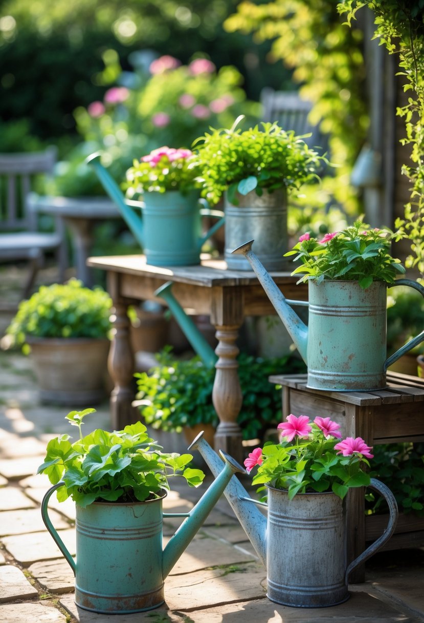 Antique watering cans filled with plants and flowers arranged on a wooden table in a garden setting.