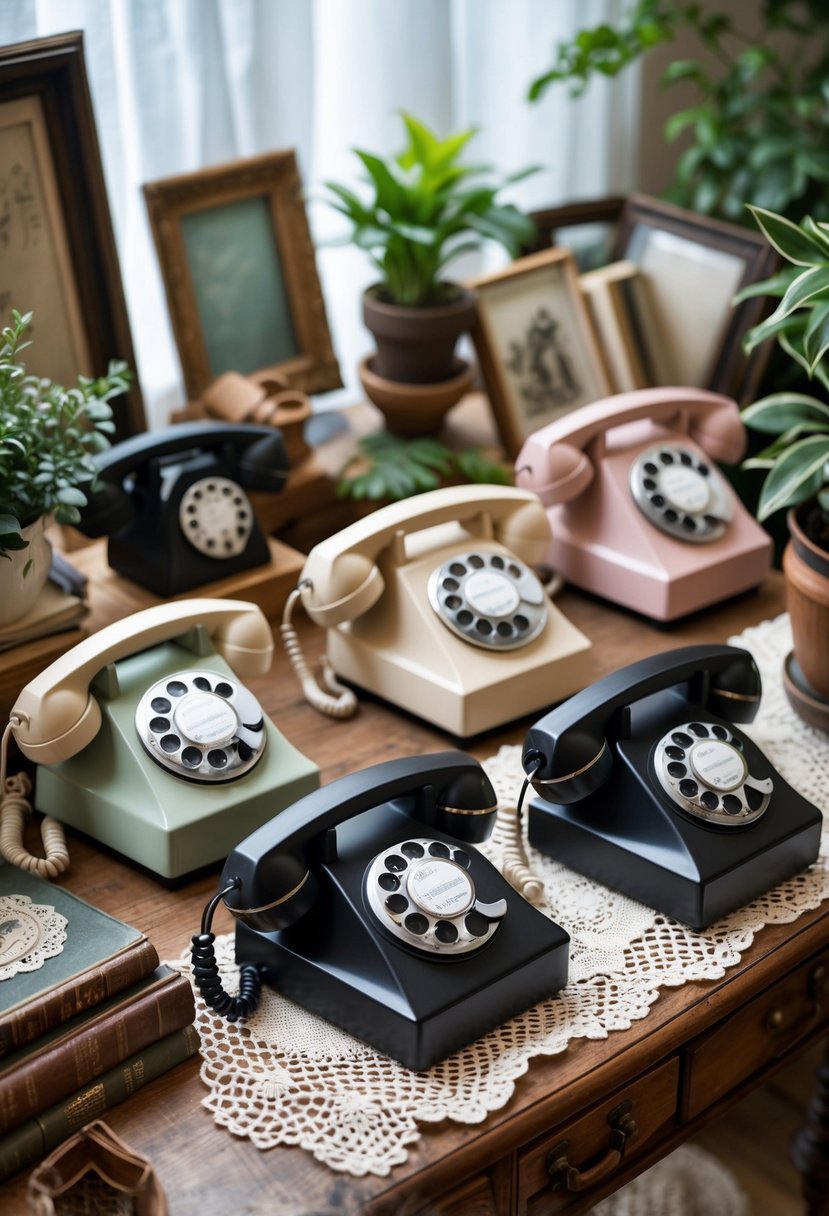 A collection of classic rotary telephones displayed on a wooden table with vintage home decor items around them.